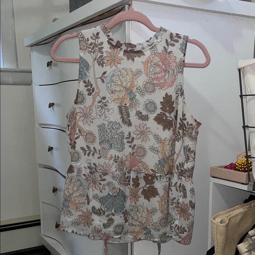 LOFT Floral Tank Top - Cream, Brown, and Blue